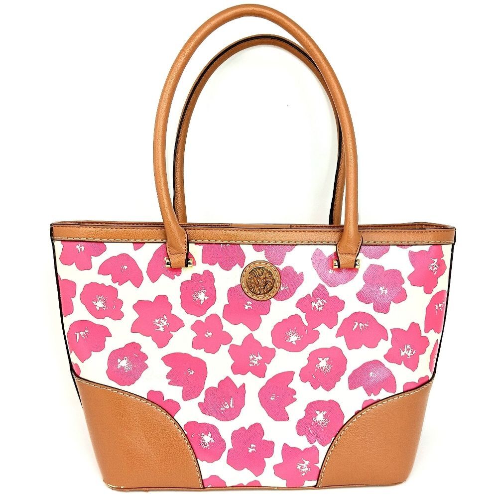 ANNE KLEIN Women’s Pink Floral Tote Bag Tan Trim Large Shoulder Bag